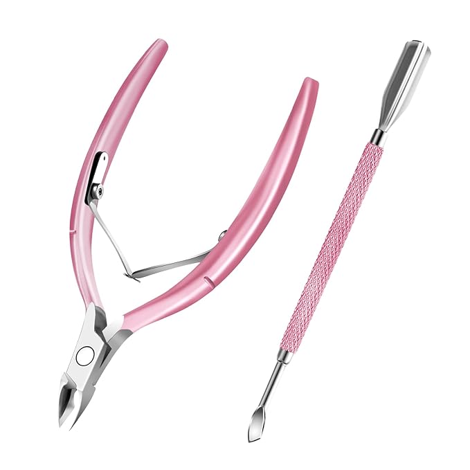 Cuticle Trimmer with Cuticle Pusher and Scissors, Cuticle Remover Professional Durable Pedicure Manicure Tools, Stainless Steel Cuticle Nipper Cutter Clipper (Pink Pusher)