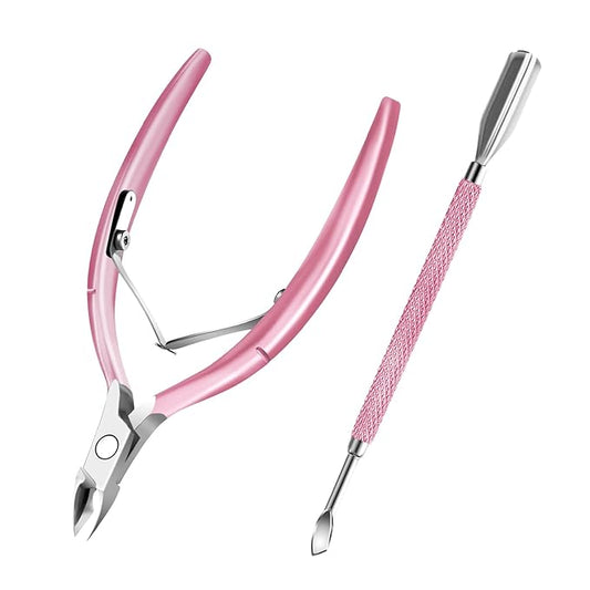 Cuticle Trimmer with Cuticle Pusher and Scissors, Cuticle Remover Professional Durable Pedicure Manicure Tools, Stainless Steel Cuticle Nipper Cutter Clipper (Pink Pusher)