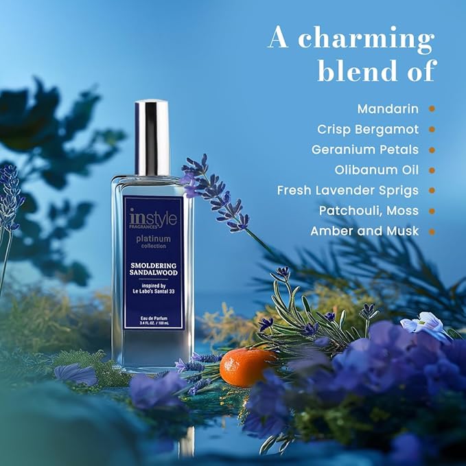 Instyle Fragrances, Platinum Collection, Smoldering Sandalwood, Inspired by Le Labo’s Santal 33, Unisex Eau de Parfum, CLEAN, Vegan, Paraben-Free, Never Tested on Animals, 3.4 Fluid Ounces