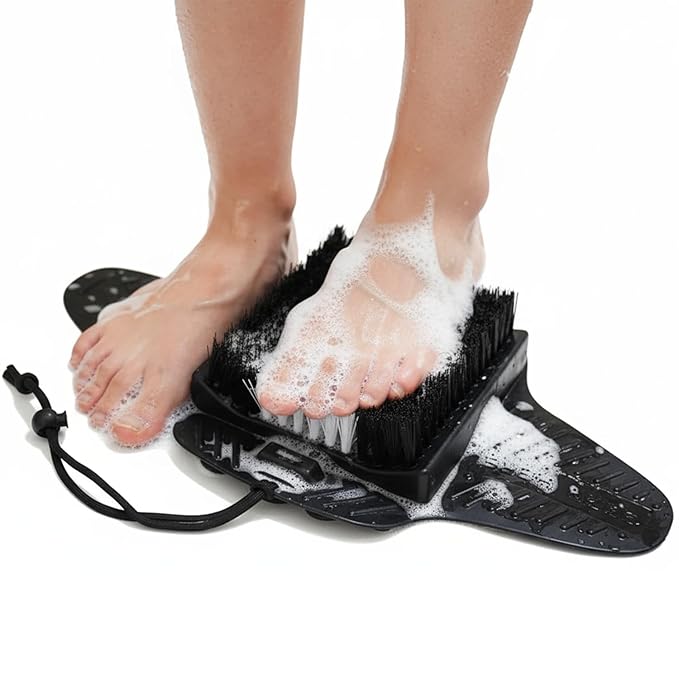 Efforest Shower Foot Scrubber Mat with Pumice Stone - Cleans, Smooths & Removes Dead Skin on Foot Without Bending, Foot Callus Remover with Non-Slip Suction Cups (Black)