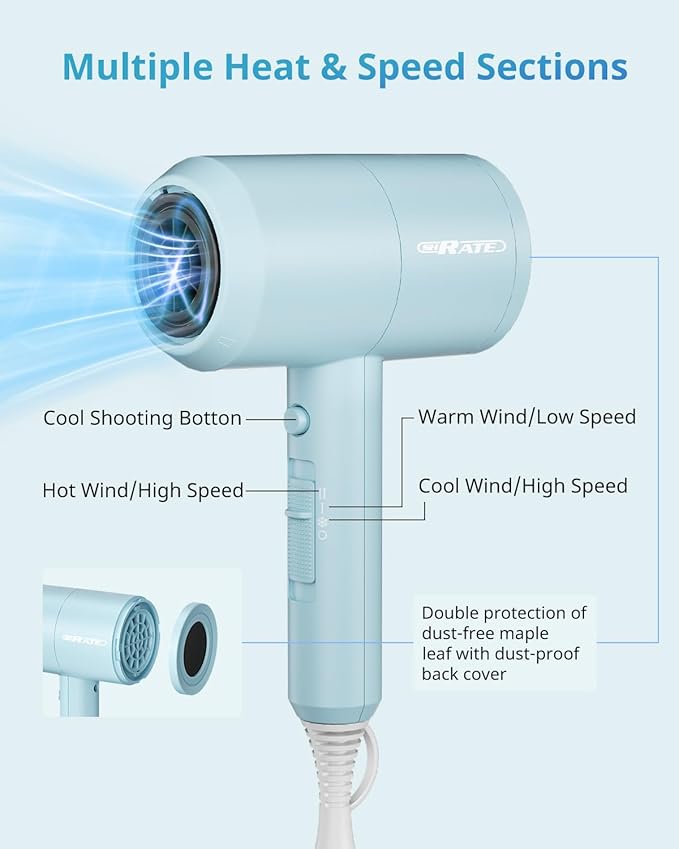 SHRATE Lightweight Ionic Hair Dryer with Diffuser - Powerful 1800W Blow Dryer for Fast Drying - Professional Low Noise Mini Hair Dryer for Travel, Gifts, Hair Styling