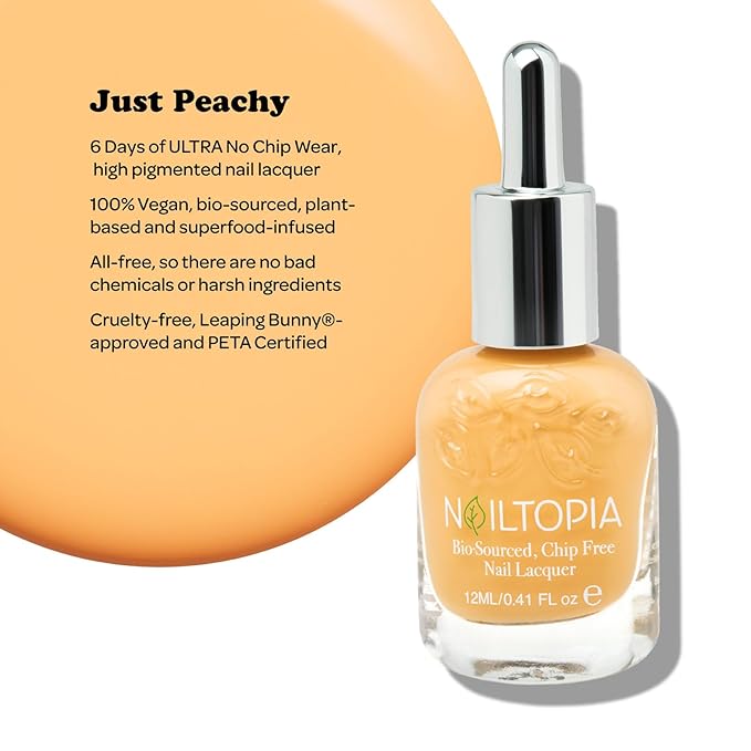 Nailtopia Bio-Sourced, Chip Free Nail Lacquer - All Natural, Strengthening Biotin and Superfood-Infused Polish - Chip Resistant Formula - Quick-Dry, Long Lasting Wear - Just Peachy - 0.41 oz