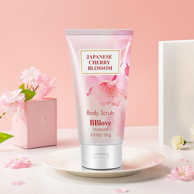 Bath and Body Gift Set for Women & Girls, Japanese Cherry Blossom, 4PCS Set for-Shower Gel, Body Lotion, Body Mist, Exfoliating Scrub, Body Care Set