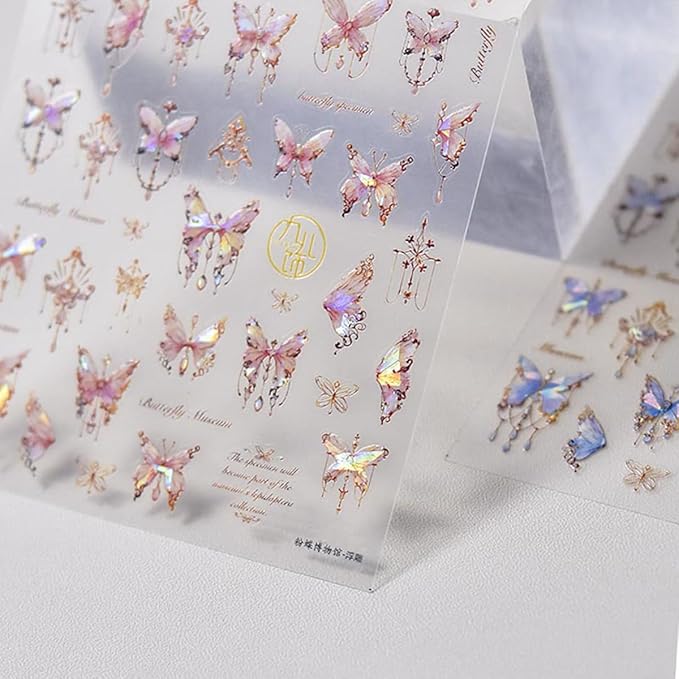 Butterfly Nail Art Stickers Decals 5D Butterfly Nail Stickers Pink Seashell 5D Embossed Shinny Butterflies Nails Design Decals Butterflies Stickers for Women DIY Manicure Nails Art Decorations