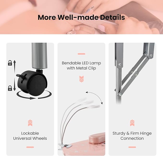 S AFSTAR Portable Nail Table, 35" Foldable Manicure Table with Electric Dust Collector, Bendable LED Lamp, Carry Bag & 4 Lockable Wheels, Professional Nail Desk Nails Salon Station (Pink)