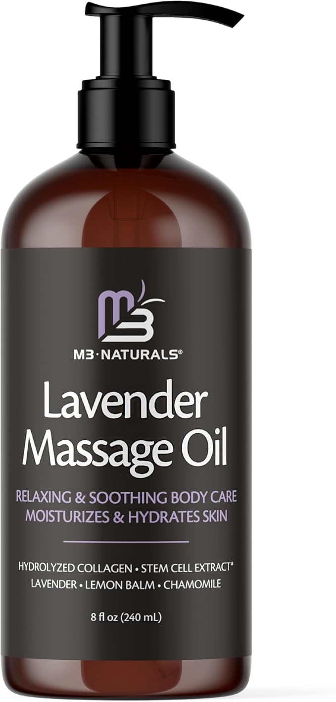 Lavender Sensual Massage Oil with Collagen and Stem Cells, Skin Tightening Therapy for Bum, Thighs, and Belly, Fast-Absorbing Cellulite Oil, 8 fl oz by M3 Naturals