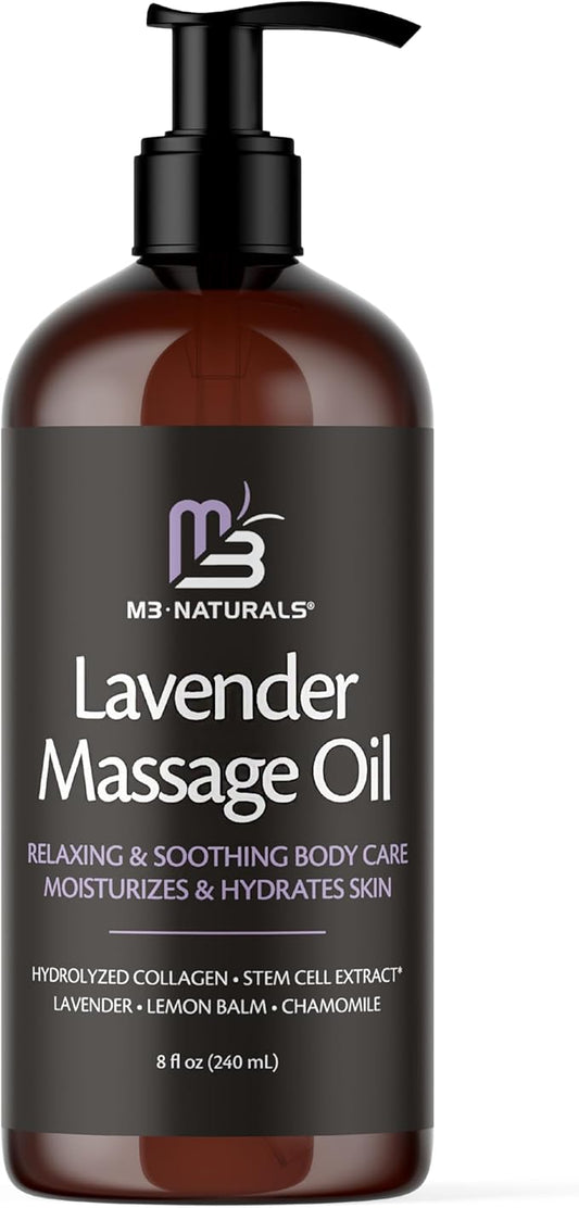 Lavender Sensual Massage Oil with Collagen and Stem Cells, Skin Tightening Therapy for Bum, Thighs, and Belly, Fast-Absorbing Cellulite Oil, 8 fl oz by M3 Naturals