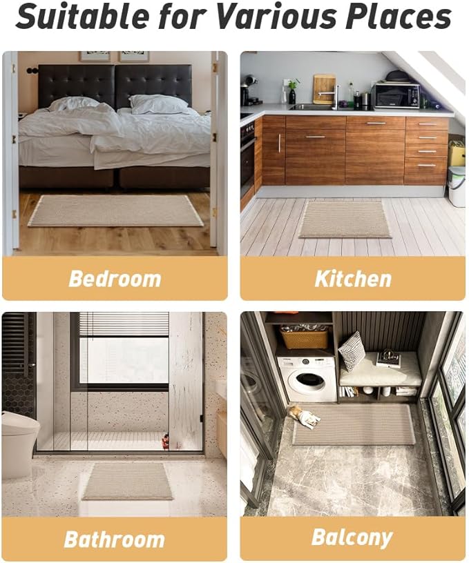 AMOAMI Upgraded Waffle Runner Rug Super Absorbent Non Slip Bath Mats for Bathroom Machine Washable Bathroom Runner Rug with Tassels, Ideal for Hallway Bedroom Laundry Room, 2' x 6', Brown & Cream