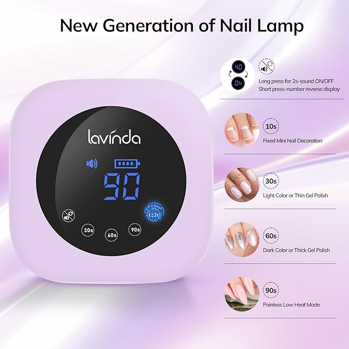 Lavinda LED Nail Lamp 54W Rechargeable Cordless UV Nail Light, Professional Gel Nail Lamp with Timer Display, Fast Drying UV Lamp for Gel Nails, Matte Macaron Purple Nail Dryer for Salon & Home