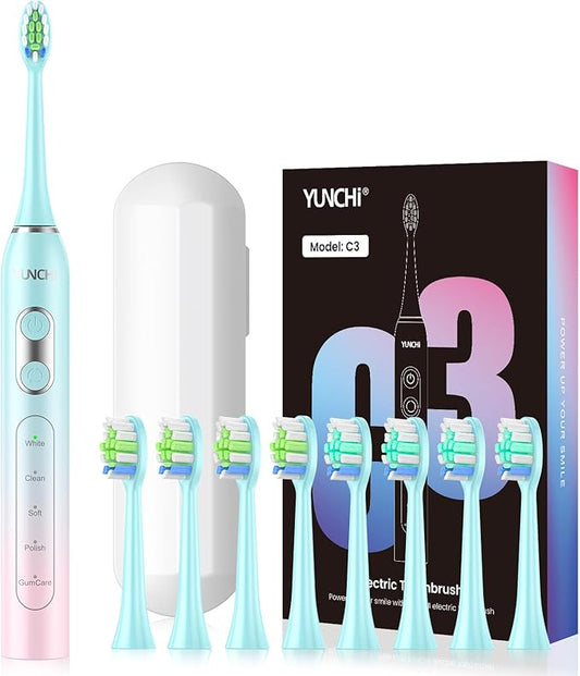 YUNCHI Sonic Electric Toothbrush for Adults & Kids, Rechargeable Battery Electric Toothbrush, 8 Brush Heads, 5 Modes, 44000 VPM Motor, 2 Min Smart Timer, IPX7 Waterproof, Travel Case, 90 Days-Gradient