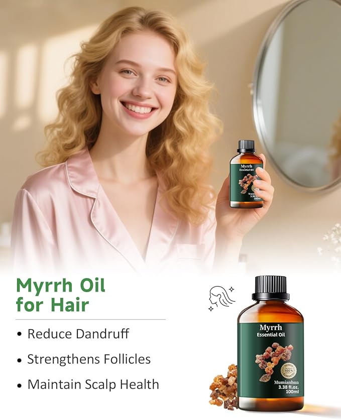 Pure Myrrh Essential Oil, Mumianhua Therapeutic Grade Natural Myrrh Oil for Skin Care, Aromatherapy, Beard Care, Earthy Candle Making, Cleaning Blends & Home Purifier 3.38 Fl Oz