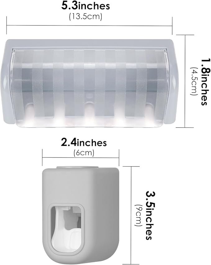 5 Slots Wall Mount Toothbrush Holder with Cover, Self Adhesive Toothbrush Storage Organizer for Shower, Toothbrush Hanger with Automatic Toothpaste Squeezer Dispenser (Grey)