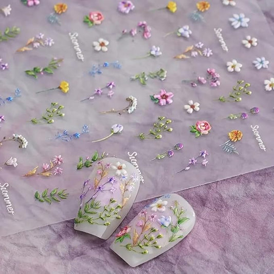 Flower Nail Stickers for Nail Art - Flowers Nail Art Stickers Summer Floral Leaf Plant 5D Embossed Nail Decals Self-Adhesive Nails Supply Manicure Sliders Flower Stickers for Nails Decoration