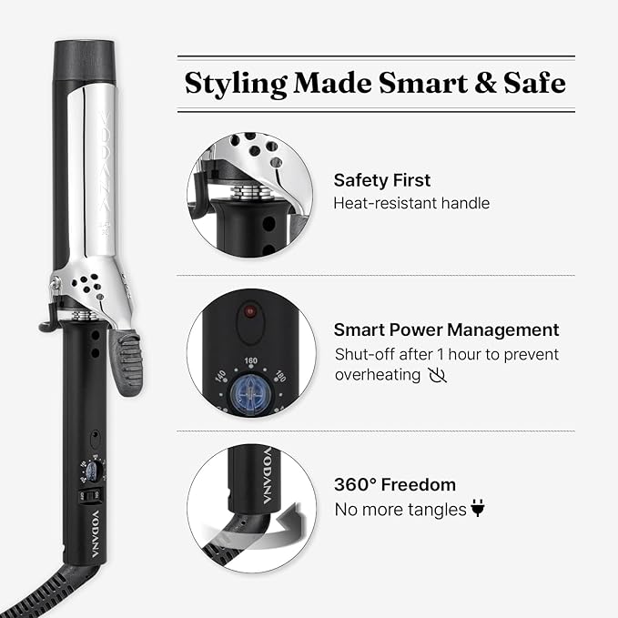 VODANA Professional GlamWave Ceramic Curling Iron, Long-Lasting Natural Curls, Instant Heat, Hair Curler, Curling Wand, Available in USA (1.25 inch, Black)