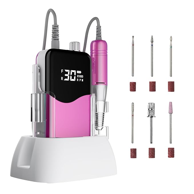 CIVPOWER Nail Drill Professional: 35000RPM Electric Nail File - Portable Rechargeable LED Display Nail Tool Kit- Manicure Pedicure Salon Home DIY Pink