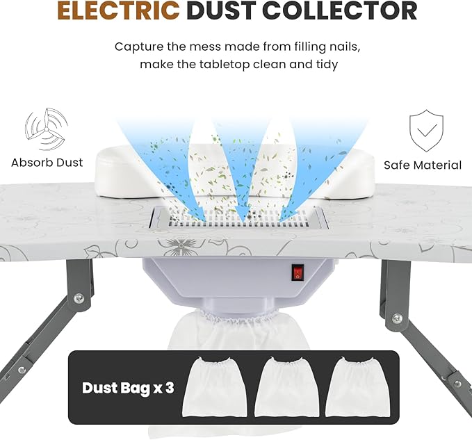 WELLHUT Nail Table All-in-One Manicure Desk w/Electric Dust Collector, LED Nail Lamp, Carry Bag & Wrist Cushion, Mobile Nail Desks w/Universal Mute Wheels for Manicurists Home Spa Beauty Salon