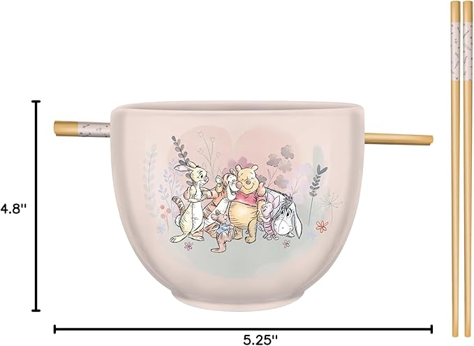 Silver Buffalo Disney Winnie the Pooh Featuring Piglet, Eeyore, Tigger, Rabbit, and Roo Group Hug Ceramic Ramen Noodle Rice Bowl with Chopsticks, Microwave Safe, 20 Ounces