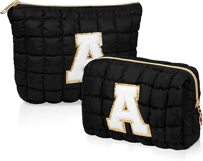 2PCS Initial Checkered Makeup Bag, Large Quilted Cosmetic Bag, Cute Make up Pouch for Purse, Travel Toiletry Storage Bag for Women Preppy Teen Girls Gift Trendy Stuff Gift (Black A)