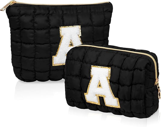 2PCS Initial Checkered Makeup Bag, Large Quilted Cosmetic Bag, Cute Make up Pouch for Purse, Travel Toiletry Storage Bag for Women Preppy Teen Girls Gift Trendy Stuff Gift (Black A)