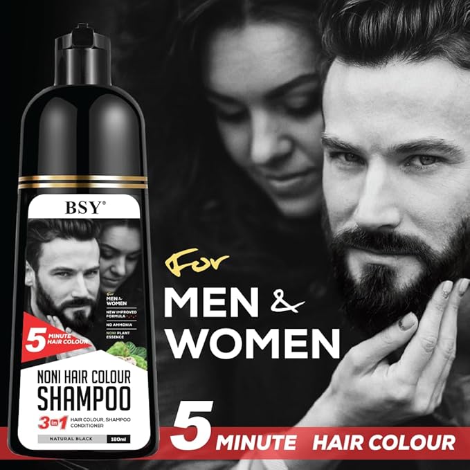 BSY Noni Hair Color Shampoo - 6 fl oz - Pump Pack | No Ammonia | 3 in 1 - Hair Dye Shampoo, Conditioner for Women and Men | Natural Black, Permanent Hair Color for Black Hair