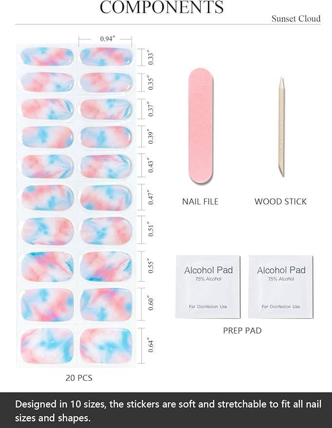 Semi Cured Gel Nail Strips (Sunset Cloud), Blue Red Omber, 20 Pcs Gel Nail Wraps, Stickers, Salon Quality, Works With Any Lamps