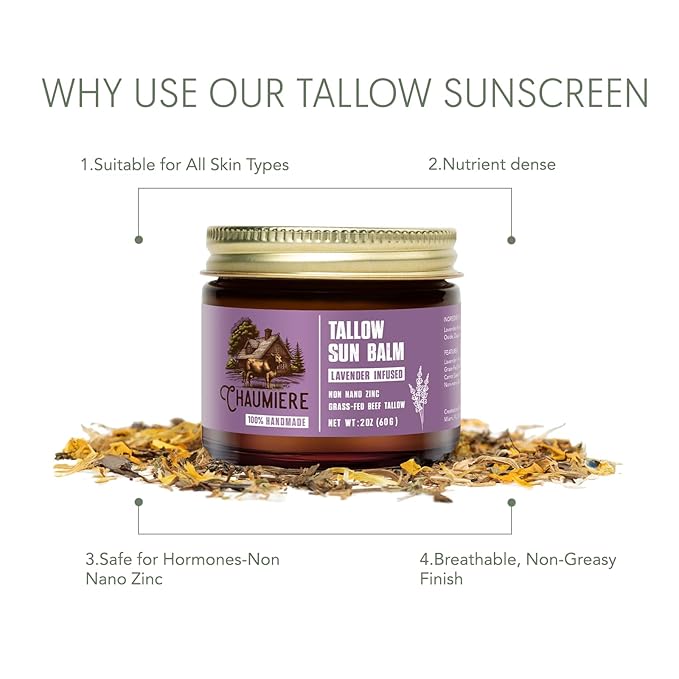Lavender Tallow Sunscreen SPF 50 – Grass-Fed Beef Tallow Balm with Carrot Seed Oil & Non-Nano Zinc – Organic Face & Body Moisturizer, Reef Safe, Naturally Scented – 2.5oz x 2, Made in USA