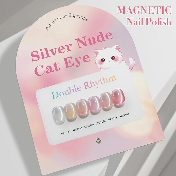 Double Rhythm Cat Eye Gel Nail Polish Set of 6 Same Color Same Bottle 0.5 Oz Shimmer Glitter with Magnet Holographic Reflective Magnetic UV Nail Polish Kit at Home (Silver Nude Pink-T6-27)