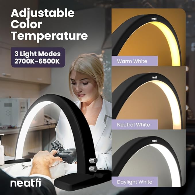 Neatfi LED Half Moon Table Lamp for Nail Tech, Estheticians, Cosmeticians, 1600 Lumens, 3 Light Modes, Desk Light for Manicure Art, Facial Treatments, Threading, Tattoo Applications (Modern, Black)