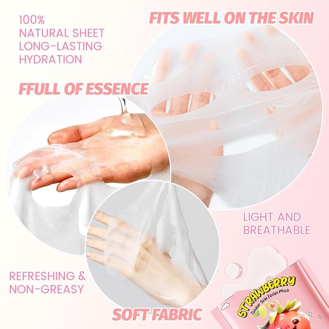 8 Pack Strawberry Kids Face Mask,Pink Face Masks Skincare Spa Day Kit Supplies,Spa Party Favors for Teens Girls Women,Sheet Facial Mask Skincare Gifts Set,Moisturize Soothe for All Skin Types