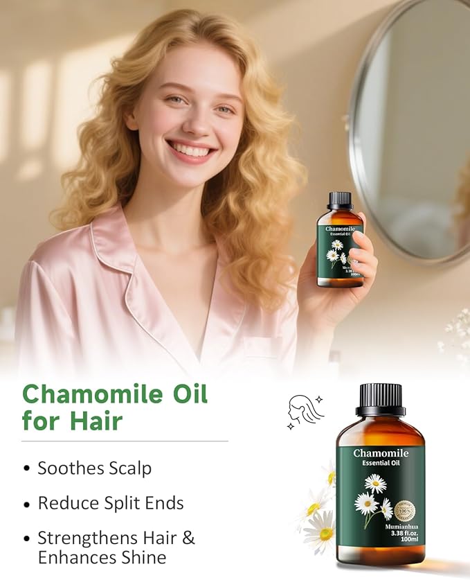 Chamomile Essential Oil Pure, Mumianhua Natural Chamomile Oil Therapeutic Grade Aromatherapy Oil for Skin, Diffuser, Aromatherapy, Candle Making, Soap Making, Hair 3.38 Fl Oz