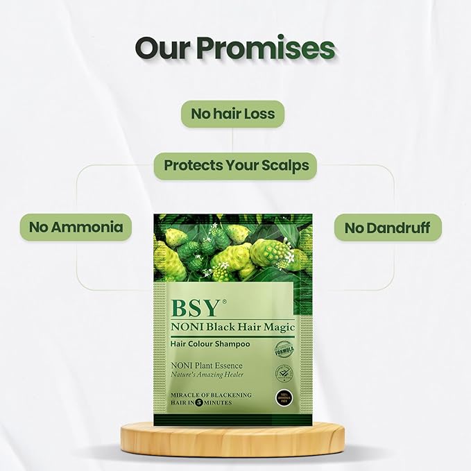 BSY Black Hair Magic Color Shampoo (12ml x 12 Sachets) | Ammonia-Free Permanent Noni Fruit Hair Dye for Men and Women | Natural 5-Minute Hair Color