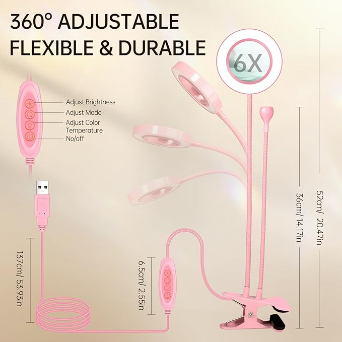 AORAEM LED UV Nail Lamp: Double-Headed Gooseneck U V Lamp for Gel Nails, LED Flash Cure Light with 6X Magnifier Home DIY Salon, Pink