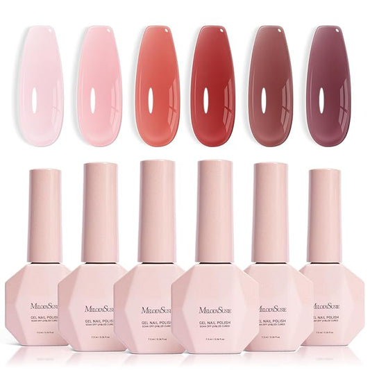 MelodySusie Jelly Gel Nail Polish Set,6 Transparent Colors,Milky or Jelly Texture,Soft Blush Mist Colors Soak Off UV LED Light Cure or Salon Manicure and Nail Art DIY at Home
