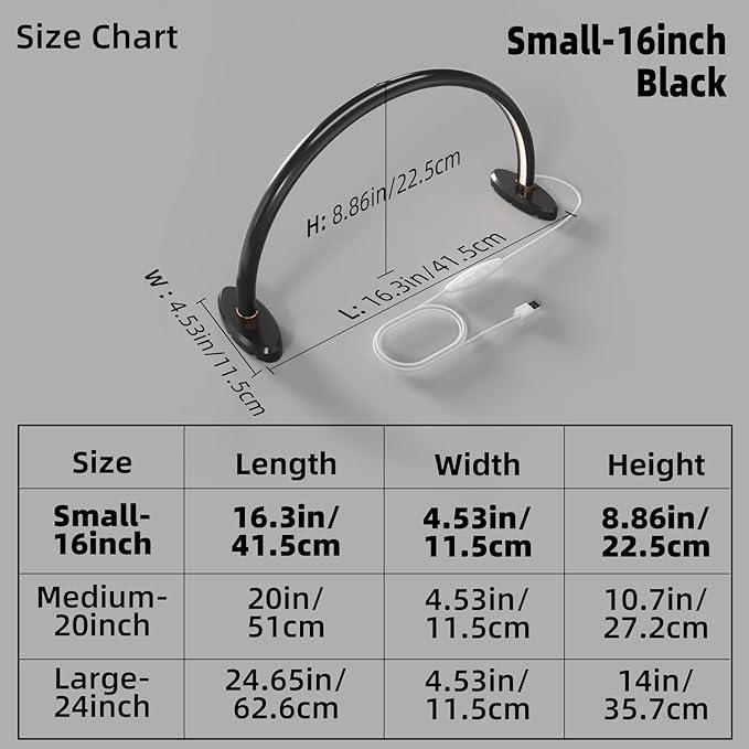 Small Half Moon Light for Nail Desk Moon Light Nail Tech Half Moon lamp Color Temperature 3500K-6500K USB Powered for Personal DIY Manicure Handicraft Lighting (16in-Black)