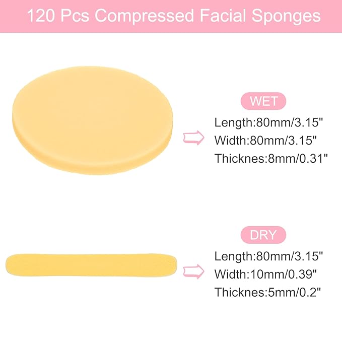uxcell 120 Count Compressed Facial Sponges Round Face Cleansing Sponges Pads for Daily Skincare Routines at Home, Kitchen(Yellow)
