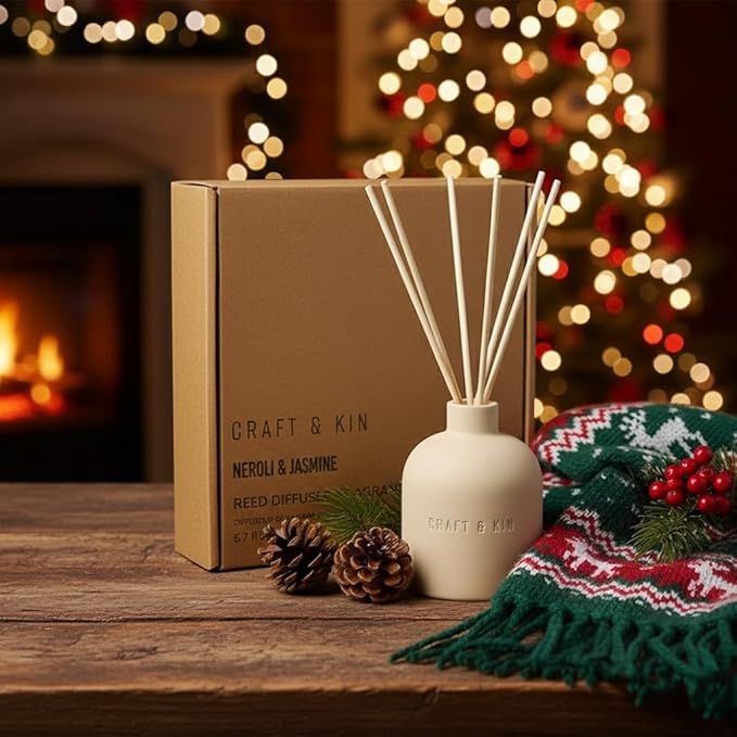 Craft & Kin Christmas Reed Diffuser for Home & Bathroom – Neroli & Jasmine Holiday Reed Diffuser Set with Fragrance Sticks, Long-Lasting Alcohol-Free Winter Scent, Earthenware Collection, 6.7oz