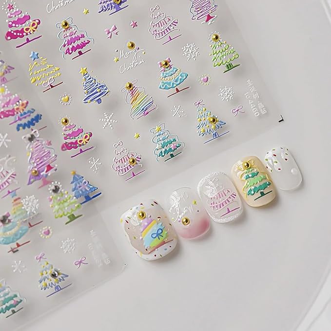 Christmas Nail Art Stickers 5D Embossed Colorful Xmas Tree Nail Decals with Gold Pearl 1PCS Xmas Tree Snowflake Star Design Christmas Nail Art Supplies Manicure Sliders for Women DIY Nail Decorations