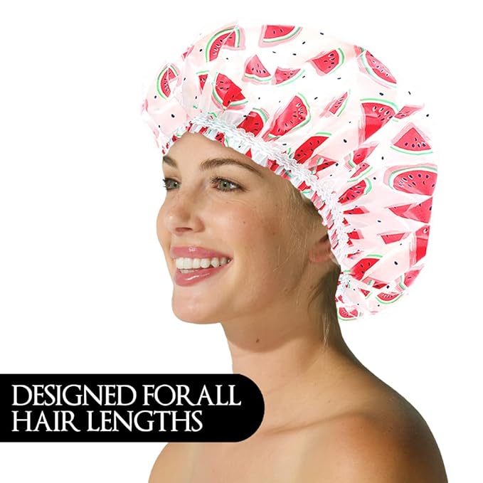 Reusable Vinyl Shower Cap & Bath Cap, Frosted PEVA Elastic Stretch Hem. Multi-Use Waterproof Stretchy Hair Cap for all Hair Lengths - One In A Melon Shower Cap for Women