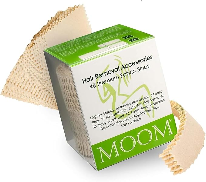 MOOM Hair Removal Wax Strips, 48 Count - Reusable & Washable Polycotton Strips for Maximum Hair Removal, Perfect for Bikini Zone, Leg, Eyebrows, Body & Face - Unisex Use