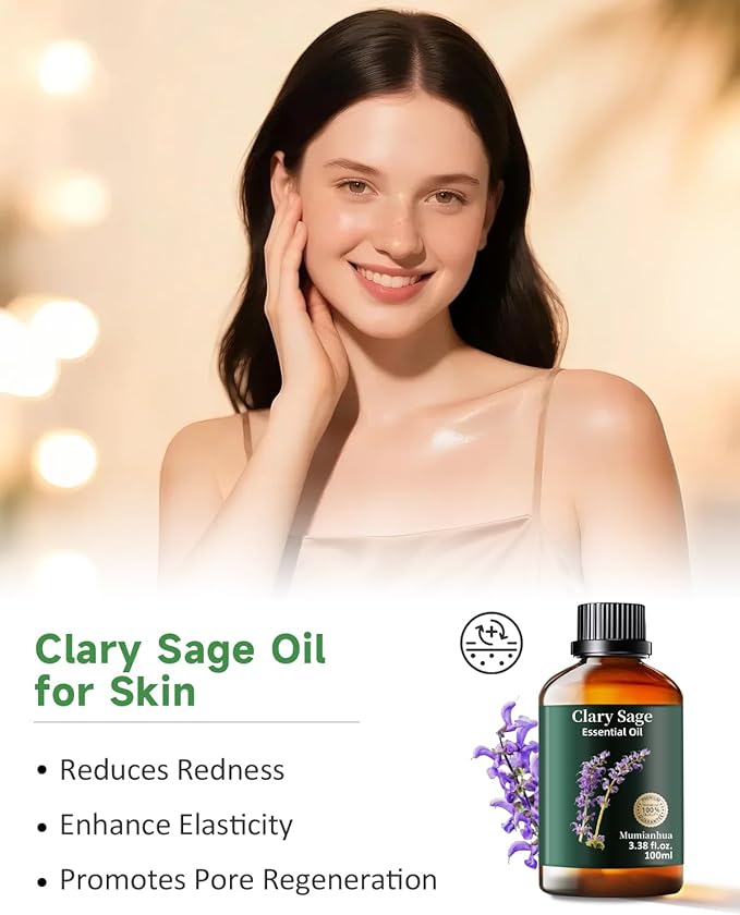 Clary Sage Essential Oil Pure, Mumianhua Natural Clary Sage Oil for Diffuser, Hair,Skin, Candle,Soap Making,Aromatherapy 3.38 Fl Oz