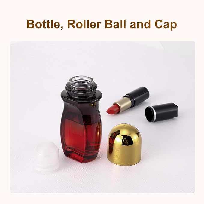 4 Pack 50mL Glass Roller Bottles for Deodorant, Essential Oil Roll On Bottles, Leak-Proof Refillable Rollerball Containers, Travel DIY Perfume Applicator, Black Red Gradient with Golden Caps