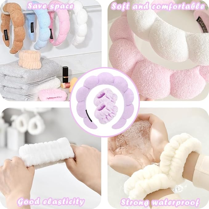 Spa Headbands for Washing Face Wristband Set Sponge Makeup Skincare Headband Wrist Towels Bubble Soft Terry Towel Cloth Hairband for Women Puffy Headwear Non Slip Thick Thin Hair Headwear (Lilac)