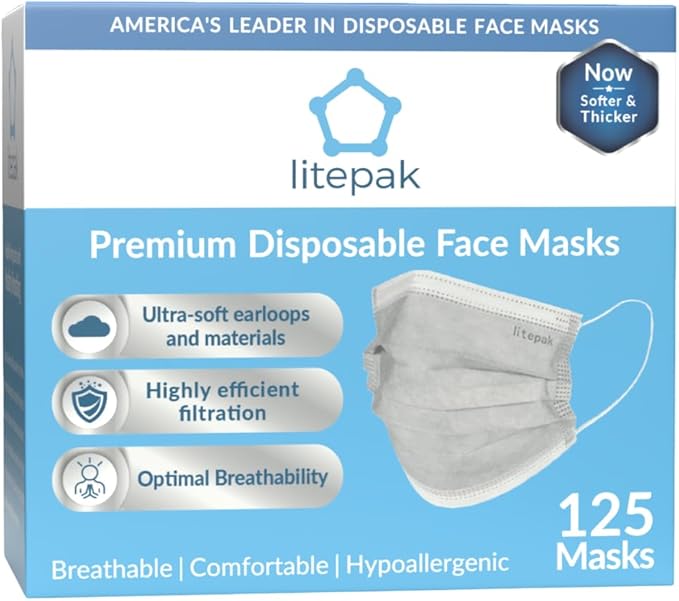 Litepak 125-Pack Disposable Face Mask Premium Comfort Earloops with Dispenser Box (Gray)