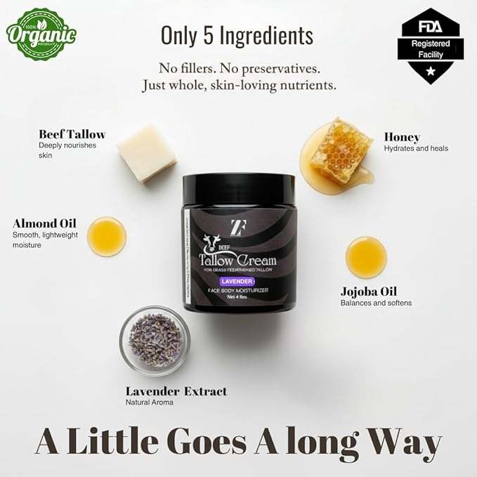ZF 100% Grass Fed Beef Tallow for Skin Care - Face + Body - Natural Organic Lotion - Whipped Moisturizer for Sensitive Skin 4 FL. oz. (Lavender)