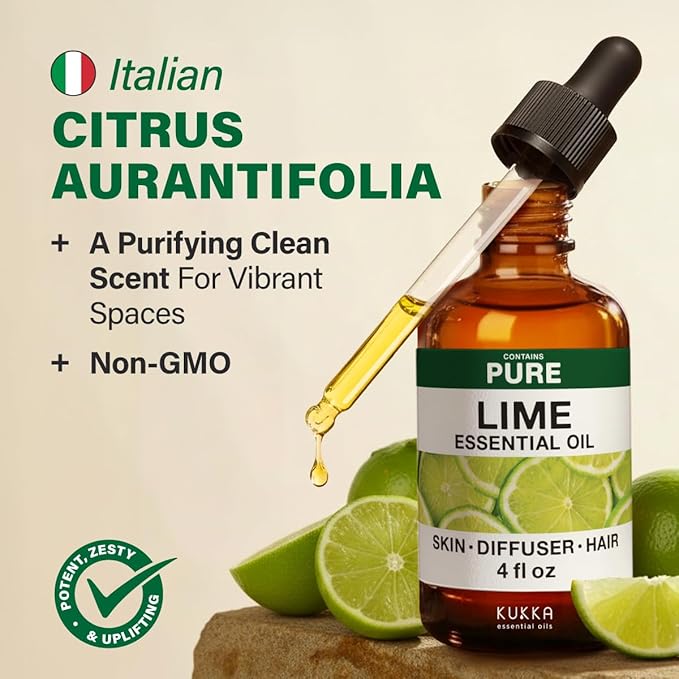 KUKKA Lime Essential Oils - 4 Fl Oz - for Hair, Skin, Diffuser, Aromatherapy & DIY Soap Making Scent