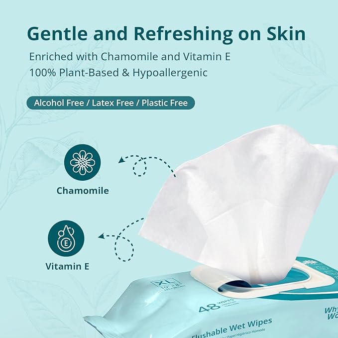 WhyWorry Flushable Wipes for Adults, Extra Large 8"x10" Butt Wipes for Toilet & Personal Cleansing, Chamomile and Vitamin E, 100% Plant-Based, Septic & Sewer Safe, Unscented, 144 Count (3 Packs)
