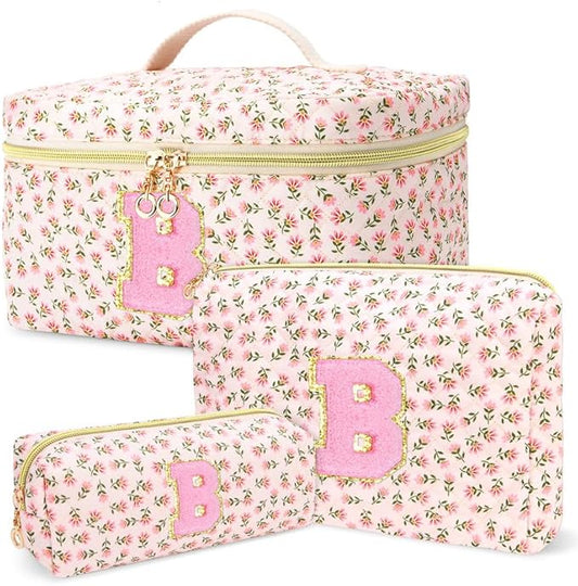 3 PCS Travel Makeup Bag Set,A-Z Initials Cotton Make up Bag Floral Quilted Cosmetic Bag for Girls and Women,Personalized Christmas Gifts,Cute Toiletry Travel Accessories Brushes Bags-B