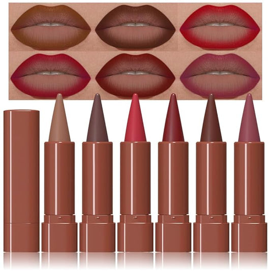 evpct 6Pcs Mauve Maroon Brown Ruby Plum Dark Red Gradient Matte Lip Liner Lipstick Combo Crayon Pencil Set for Women Long Lasting, Cream Lip Liner and Lipstick Combo Makeup Kit, Gradual Ombre Effect