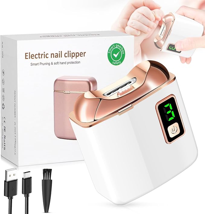 Electric Nail Clipper with LED Light, USB Rechargeable Nail Trimmer, 3-Speed Fingernail Manicure for Baby, Kids, Seniors, and Adults - Perfect for Elderly Nail Care (White)