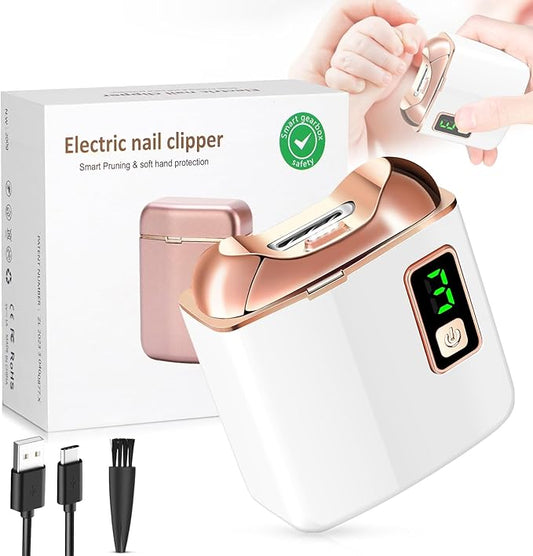 Electric Nail Clipper with LED Light, USB Rechargeable Nail Trimmer, 3-Speed Fingernail Manicure for Baby, Kids, Seniors, and Adults - Perfect for Elderly Nail Care (White)